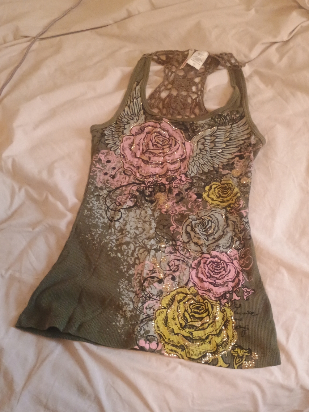 BONGO Olive Lace-Back Tank with Floral & Wing Embellishments